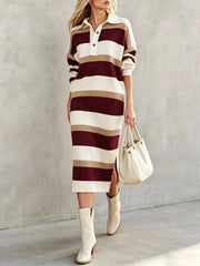 Front view of burgundy striped polo collar long sleeve sweater dress with side slit