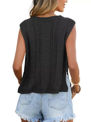 Back view of a black chevron knit sweater vest with round neck