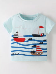 Front view of a mint blue children's short sleeve shirt with embroidered sailboats over blue waves