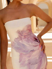 Close up of strapless white and purple floral tube maxi dress bodice