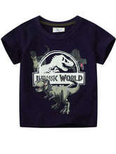 Front view of black children's short sleeve tee with dinosaur graphic and logo print