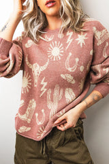 On-model front view of the dusty rose western sweater with a hand at the hem