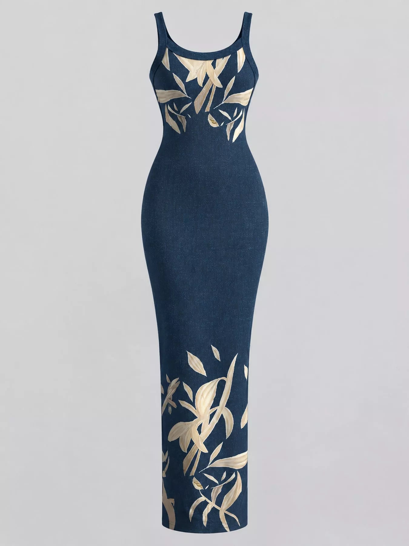 Navy blue sleeveless bodycon maxi dress with cream leaf print displayed flat