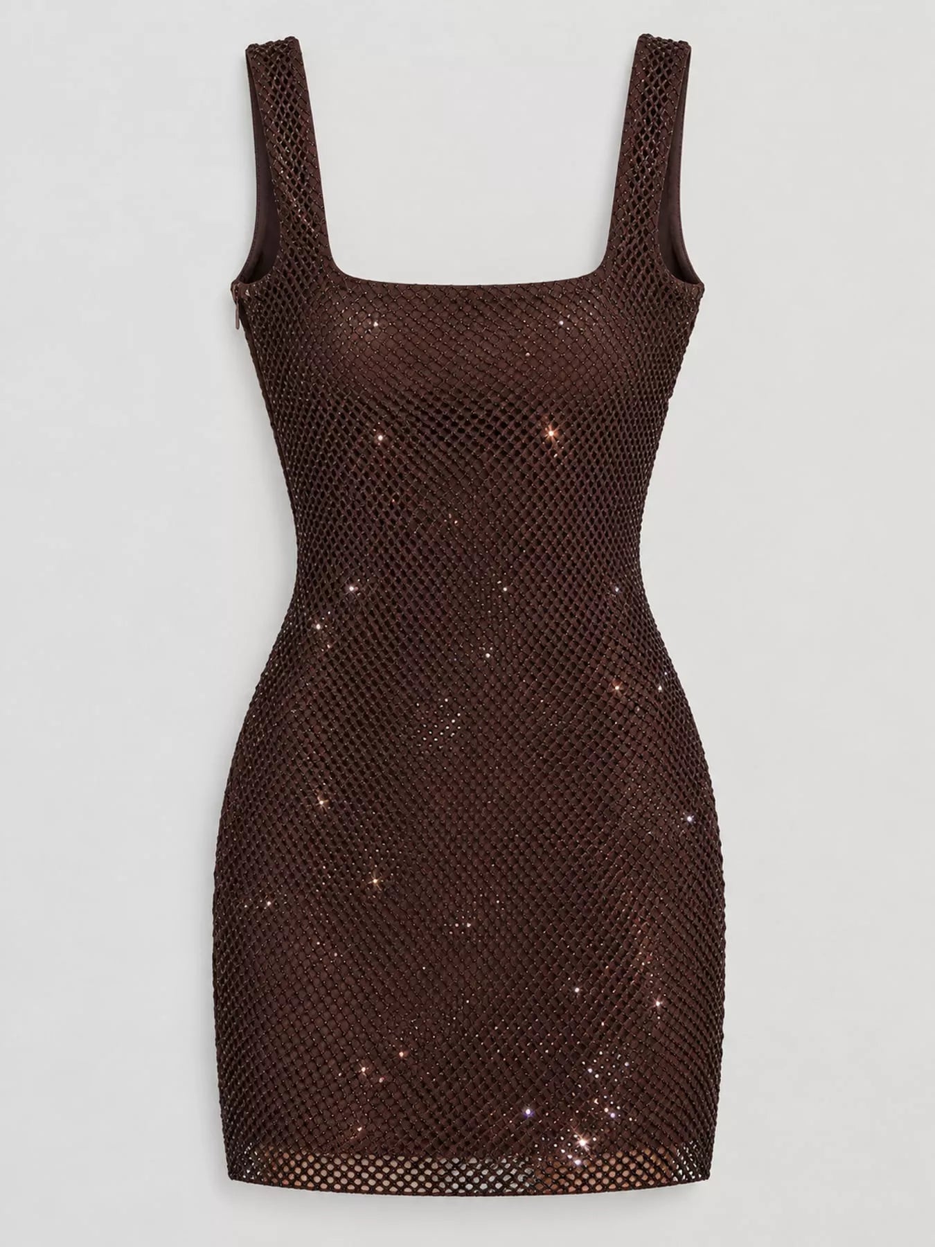 Coffee rhinestone mesh bodycon mini dress shown flat, front view unworn