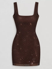Coffee rhinestone mesh bodycon mini dress shown flat, front view unworn