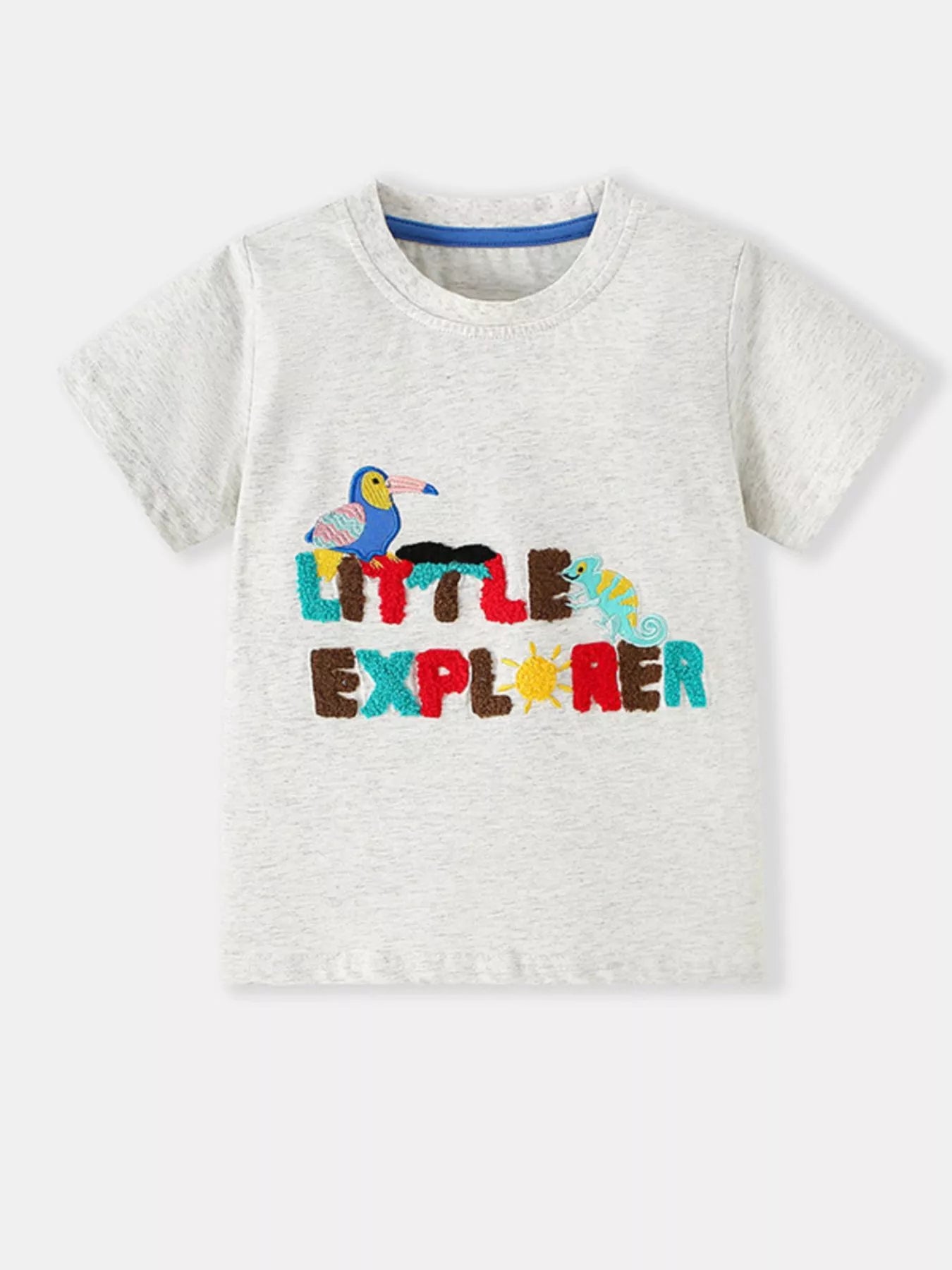 Light gray children's round neck T-shirt with colorful Little Explorer lettering, toucan and chameleon