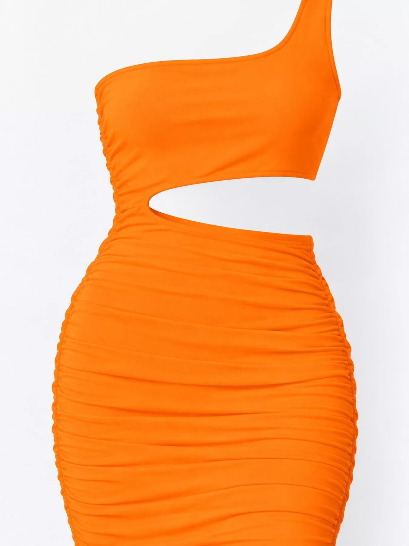 Fluorescent orange one shoulder cutout ruched bodycon mini dress laid flat in a close angled front view