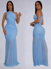 Light blue one shoulder ruched bodycon maxi dress shown from front and side in one frame