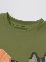 Close view of the moss green children's tee crew neckline showing smooth ribbing and neat stitching