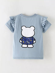 Flat lay back view of light blue children's t-shirt with ruffled sleeves and bear graphic from behind