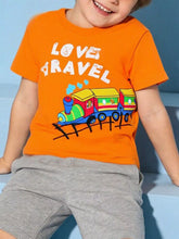 Children's orange T-shirt featuring a train graphic with Love Travel wording.