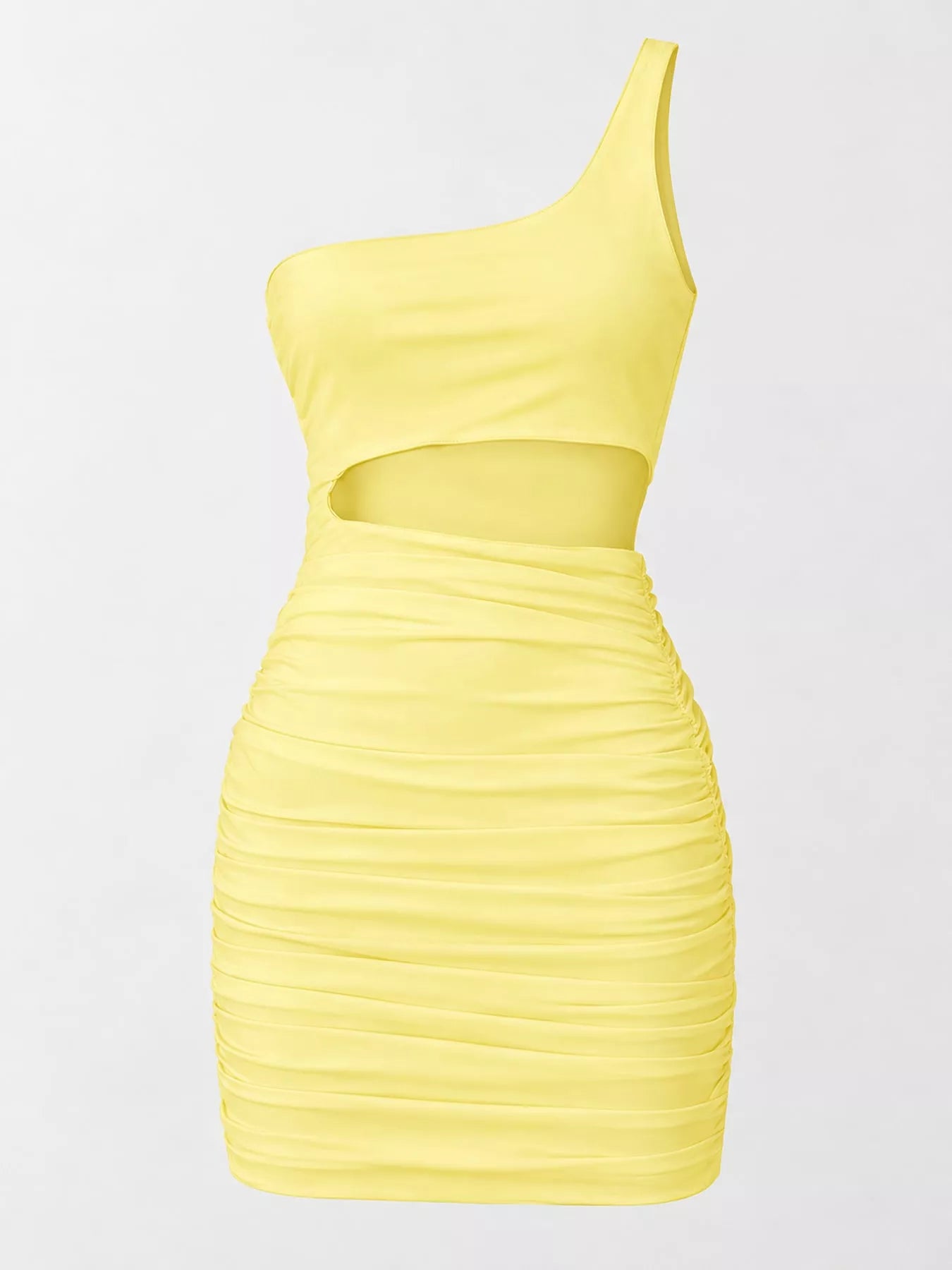 Flat front view of light yellow one shoulder cutout ruched bodycon mini dress on a light background