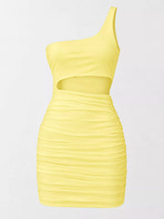 Flat front view of light yellow one shoulder cutout ruched bodycon mini dress on a light background