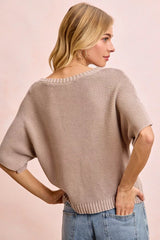Back view of washed mocha knit top with short dolman sleeves and ribbed hem.