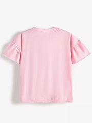 Back view of the plain blush pink children's t-shirt with flared sleeves