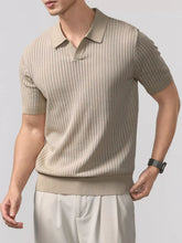 Men's ribbed short-sleeve knit polo with buttons and seam detailing.