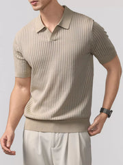 Men's ribbed short-sleeve knit polo with buttons and seam detailing.