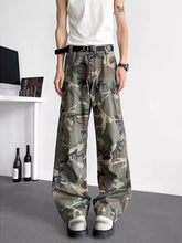Men's green camouflage loose-fit cargo pants with a drawstring waist and pockets.