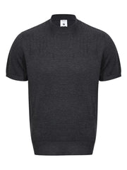 Men's ribbed knit top with a mock neckline and short sleeves.