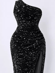 Black sequin one shoulder evening dress close view showing the ruched waist and sequin texture