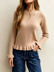 On-model front view of khaki crew neck sweater with ruffled hem and cuffs