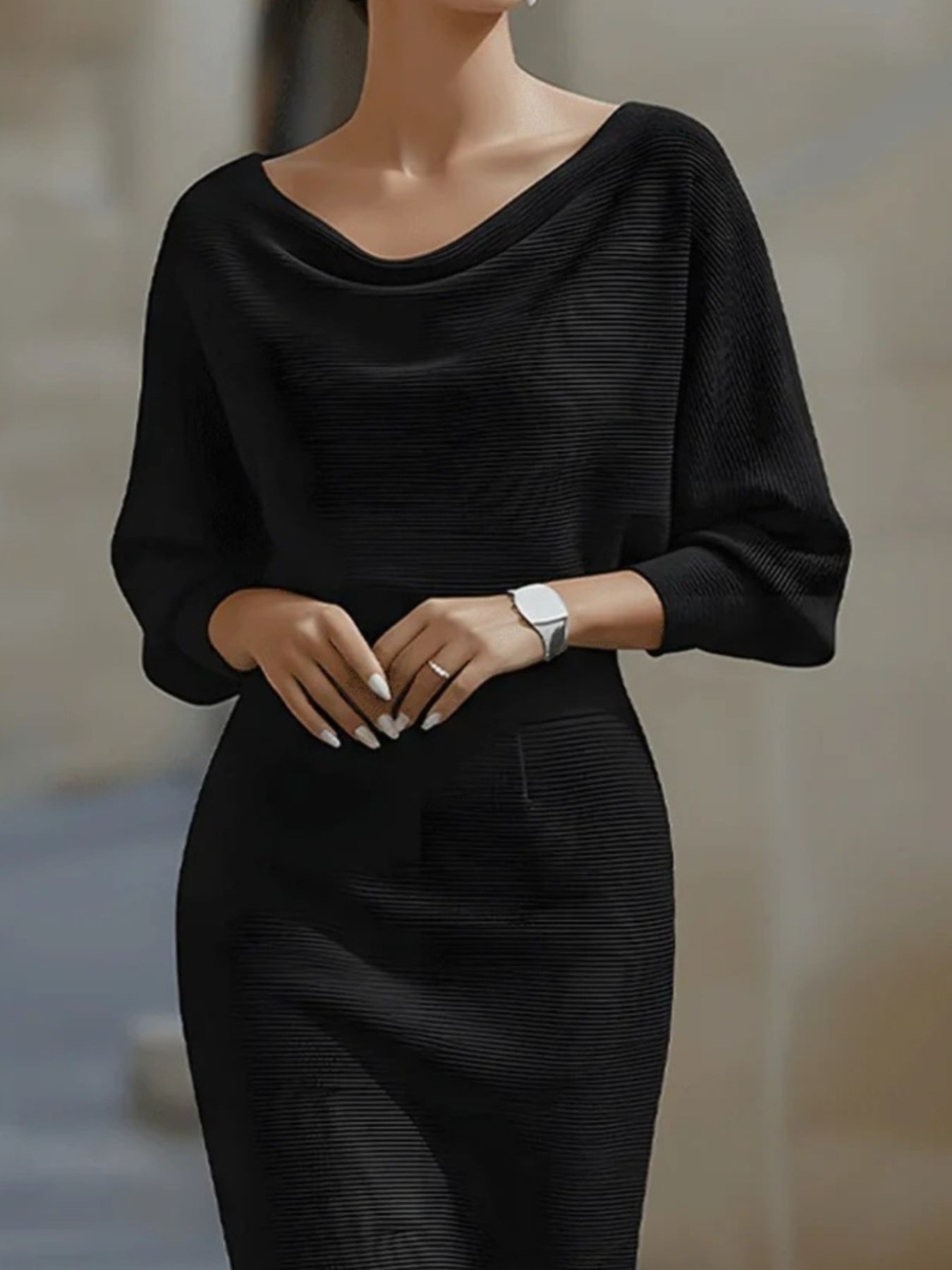 Close front view of a black cowl neck knit bodycon dress showing the ribbed texture