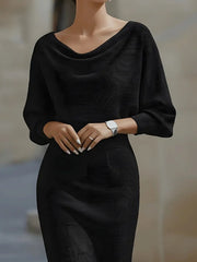 Close front view of a black cowl neck knit bodycon dress showing the ribbed texture