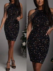 Black sequin embellished plus size bodycon mini dress shown full length and close front side by side