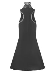 Flat front view of black sleeveless maxi dress with pearl halter neckline and waist trim