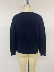 Back view on a mannequin of a plain navy sweater with ribbed hem and cuffs