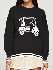 Front view of a black dropped shoulder sweater with a white golf cart graphic and striped trim.