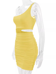 Side view of light yellow one shoulder cutout ruched bodycon mini dress on a clear mannequin