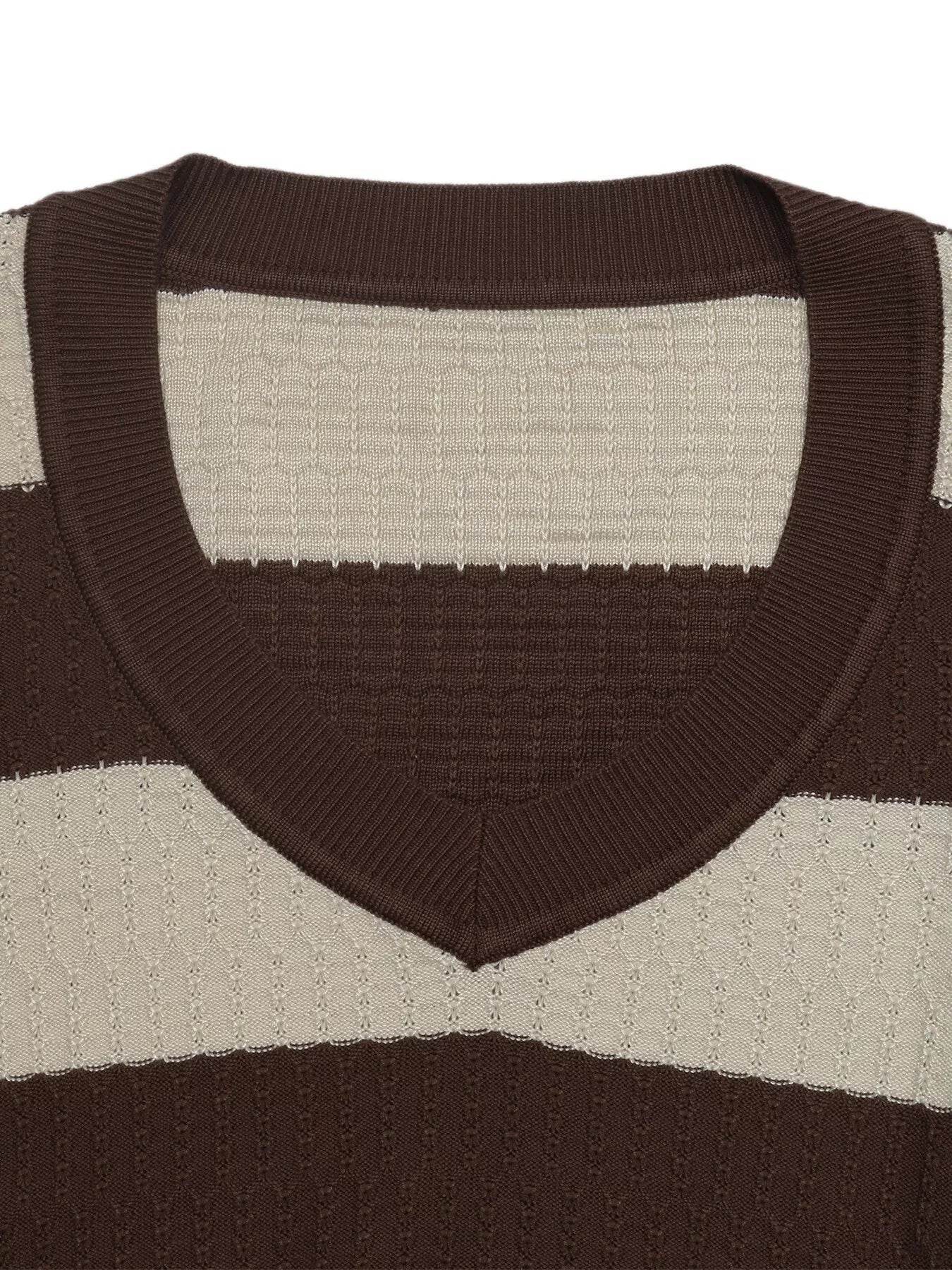 Close up of the ribbed V neckline on the brown and cream striped knit top
