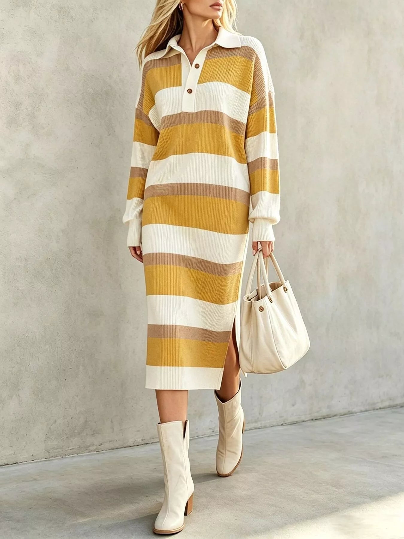 Front view of yellow striped polo collar long sleeve sweater dress with side slit