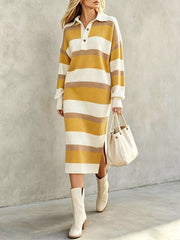 Front view of yellow striped polo collar long sleeve sweater dress with side slit