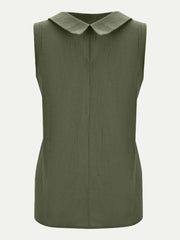 Olive green sleeveless top with a pointed collar, fitted waist, and rounded hem set against a plain background