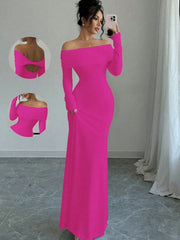 Full front mirror view of vivid pink off shoulder bodycon maxi dress with back detail insets