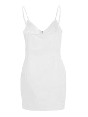 White zip front bodycon mini dress laid flat, back view showing thin straps and straight neckline