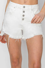 Women's white denim shorts with a button fly, pockets, and frayed hems.