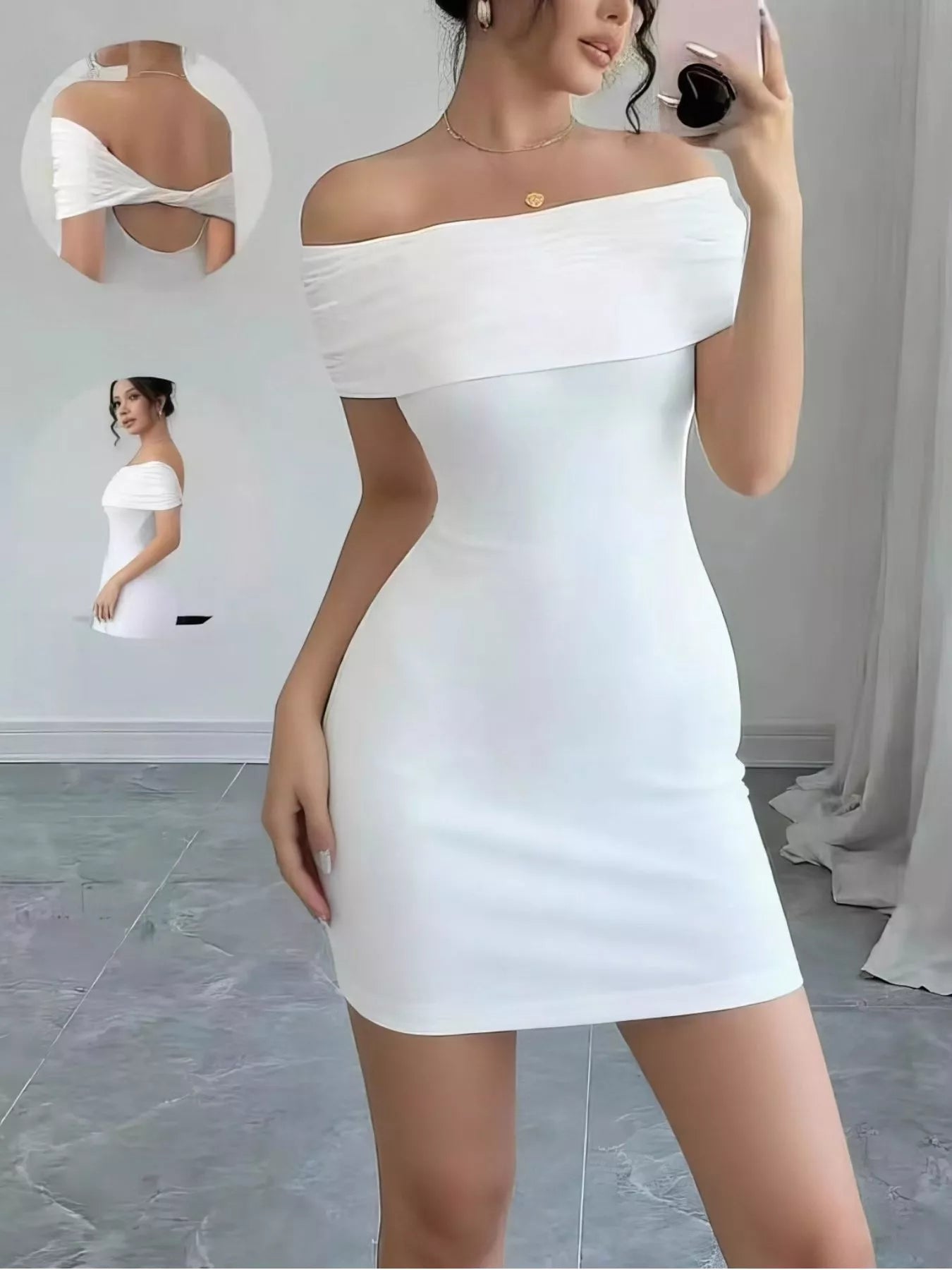 White off shoulder bodycon mini dress in front view with back and side insets