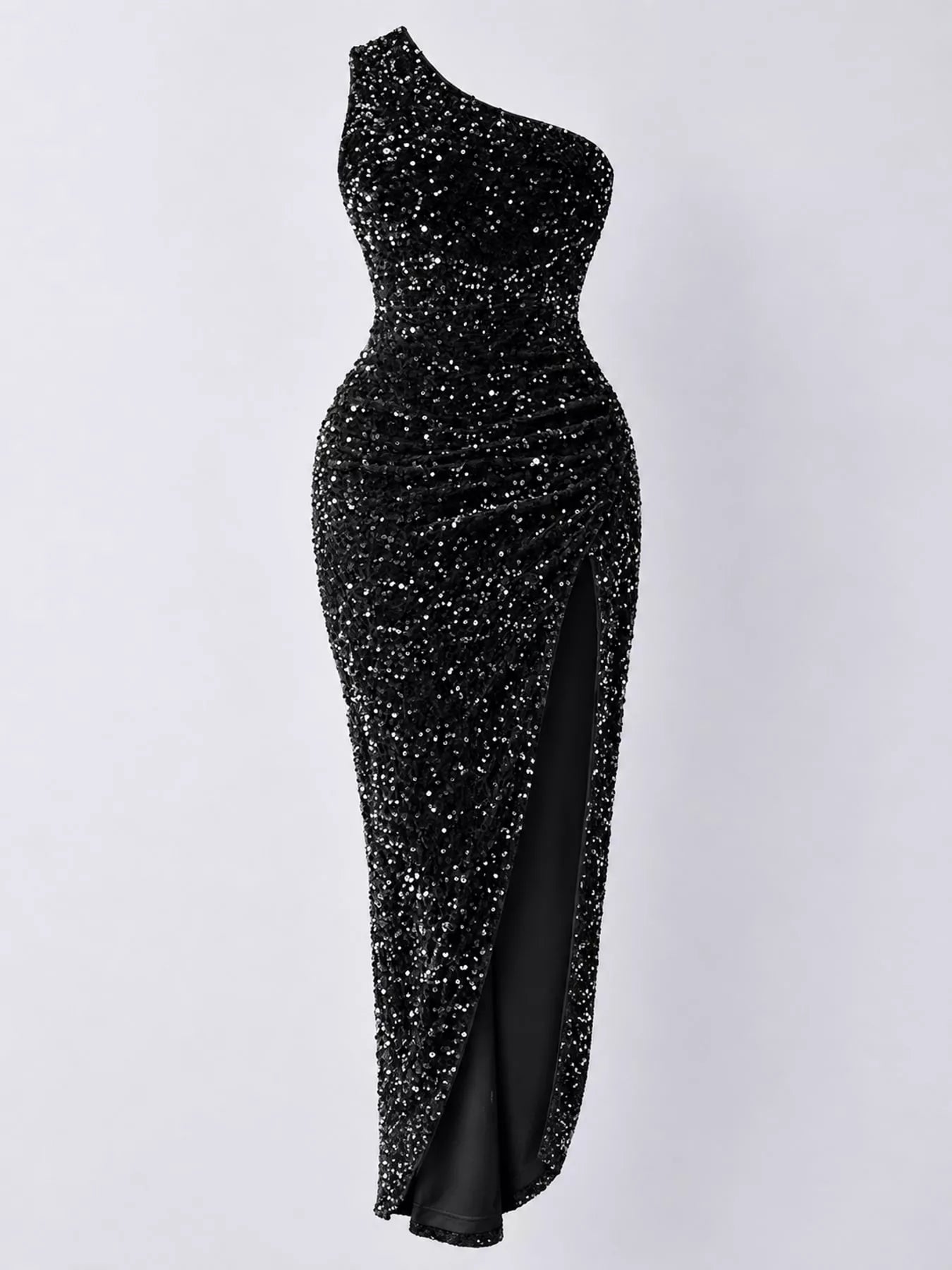 Black sequin one shoulder evening dress shown flat front facing with a high slit