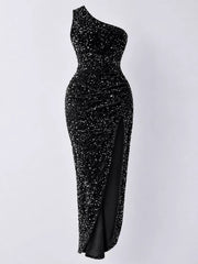 Black sequin one shoulder evening dress shown flat front facing with a high slit