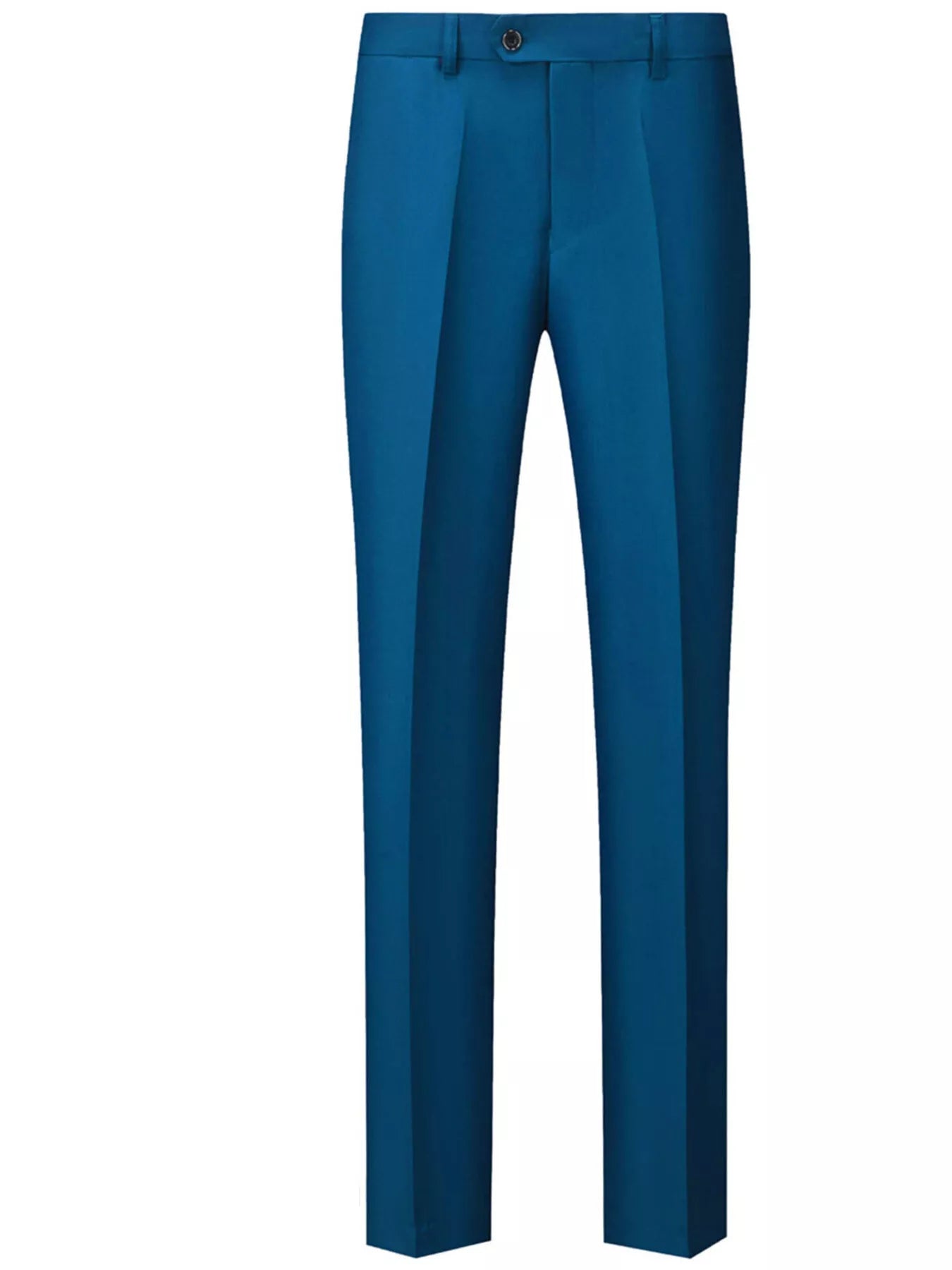 Men's navy blue dress pants with a slim fit and button closure.