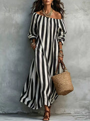 Black and white striped off shoulder dress with long sleeves and side pockets
