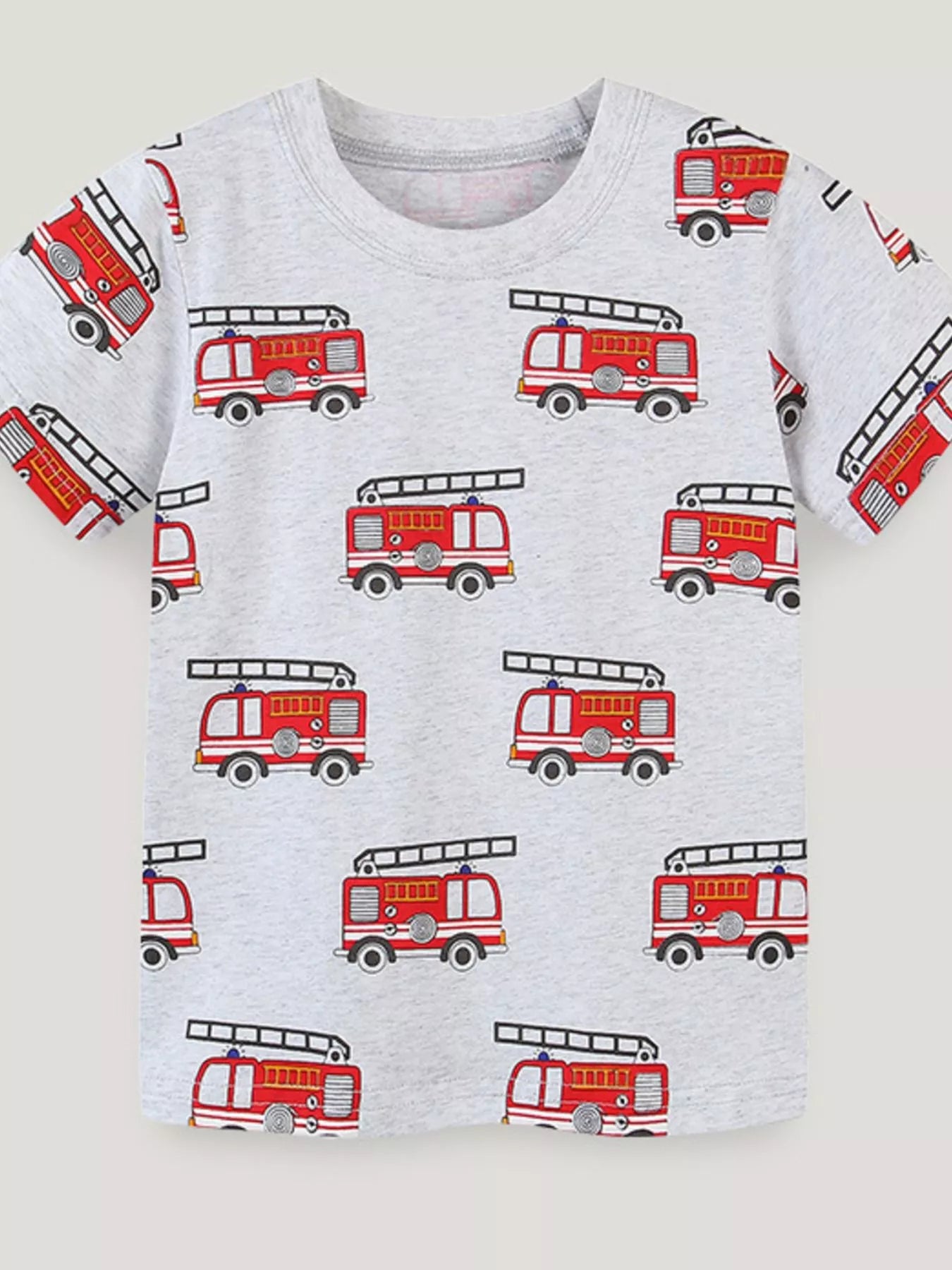Children's light gray crew-neck T-shirt featuring a fire truck print.