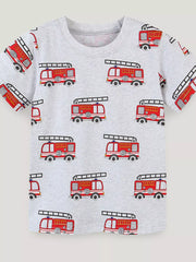 Children's light gray crew-neck T-shirt featuring a fire truck print.