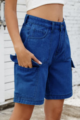 Women's high-rise denim shorts with cargo pockets in a non-stretch rayon blend.