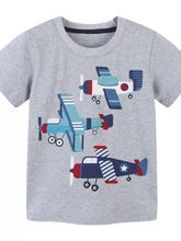 Light gray children's t-shirt with three colorful cartoon airplanes in blue, red and white, front view