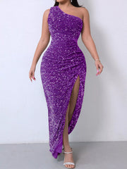 Purple sequin one shoulder evening dress worn front facing with a high slit