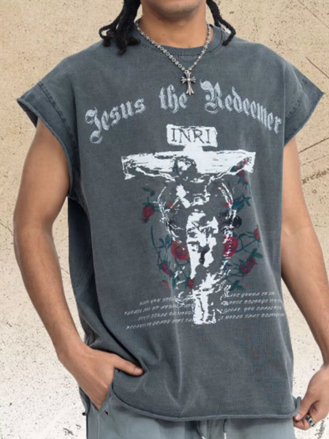 Men's cotton tank top with a round neckline and graphic design.